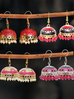 OOMPH - Combo of 4 Rani Pink & Red Meenakari Jhumka Earrings for Women & Girls
