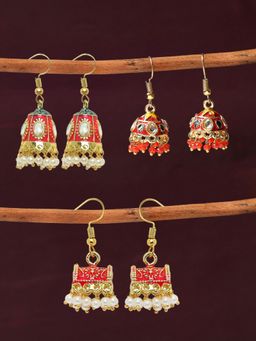OOMPH - Combo of 3 Red Meenakari Kundan & Pearls Ethnic Jhumka Earrings