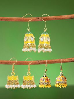 OOMPH - Combo of 3 Yellow Meenakari Kundan & Pearls Jhumka Earrings for Women & Girls