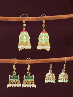 OOMPH - Combo of 3 Mint Green Meenakari Kundan & Pearls Jhumka Earrings