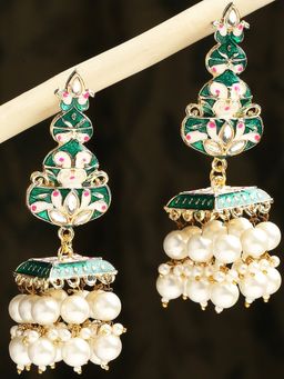 OOMPH - Green Meenakari & Kundan Floral Jhumka Earrings for Women & Girls