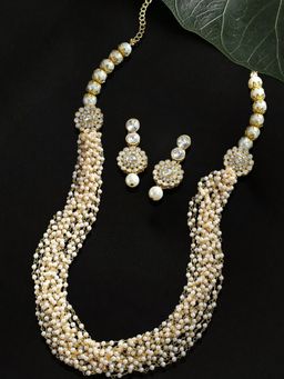 OOMPH - White Pearls Necklace Set Kundan Multi Layer Long Necklace Set with Earrings