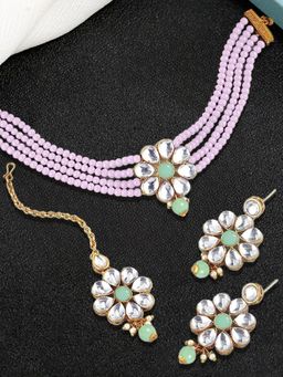 OOMPH - Pink & Mint Green Ethnic Choker Necklace Set with Drop Earrings & Maangtikka