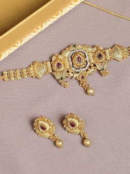 OOMPH - Antique Gold Tone Ethnic Choker Necklace Set with Drop Earrings