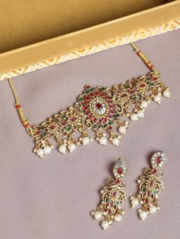 OOMPH - Red & Green Stones Ethnic Temple Jewellery Choker Necklace Set