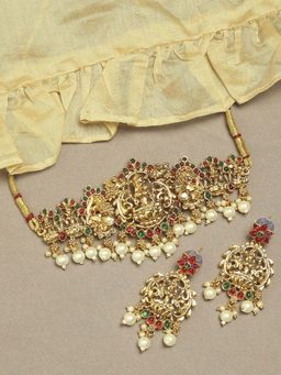 OOMPH - Red & Green Stones Ethnic Temple Jewellery & Peacock Design Choker Necklace Set