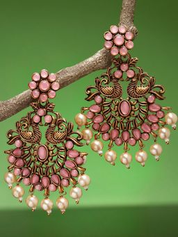 OOMPH - Pink Chandbali Drop Earrings Kempu Stones in Peacock Design for Women & Girls