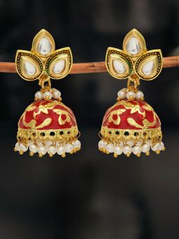 OOMPH - Red Meenakari Kundan & Pearls Ethnic Jhumka Earrings for Women & Girls