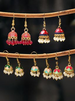OOMPH - Combo of 5 Pink & Green Meenakari Jhumka Earrings with Pearls Beads