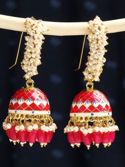OOMPH - Rani Pink Meenakari Enamel Pearls Ethnic Jhumka Earrings for Women & Girls