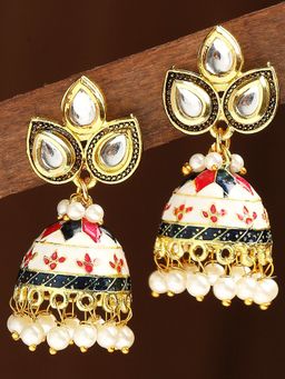 OOMPH - Rani Pink & White Meenakari Kundan & Pearls Ethnic Jhumka Earrings