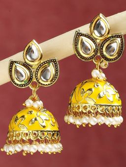 OOMPH - Yellow Meenakari Kundan & Pearls Ethnic Jhumka Earrings for Women & Girls