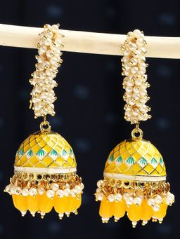 OOMPH - Yellow Meenakari Enamel Pearls Ethnic Jhumka Earrings for Women & Girls