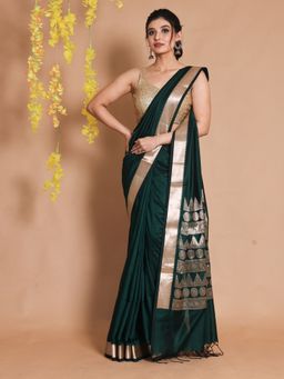 CHARUKRITI - Emerald Green Silk Handwoven Temple Borders Saree with Unstitched Blouse