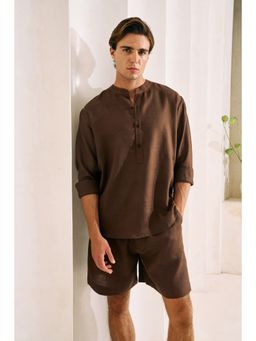 Khushboo & Pankaj - Chocolate Brown Linen Band Collar Shirt