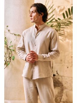 Khushboo & Pankaj - Natural Beige Linen Band Collar Shirt