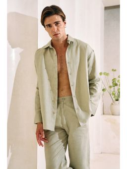 Khushboo & Pankaj - Sage Green Linen Relaxed Oversized Shirt