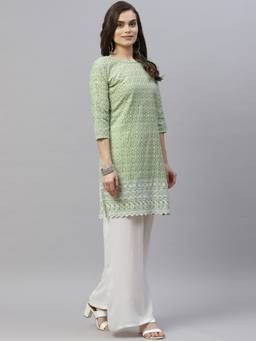 Miravan - Green Ethnic Motifs Embroidered Chikankari Kurti