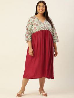 theRebelinme - Plus Size Womens Sea Green & Maroon Color Empire Midi Dress