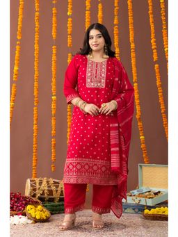 Mamicha - The Firozy Red Embroidered Kurta with Pant and Dupatta