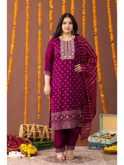 Mamicha - The Firozy Wine Embroidered Kurta with Pant and Dupatta
