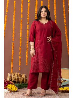 Mamicha - Noor-E-Sham Red Embroidered Kurta with Pant and Dupatta