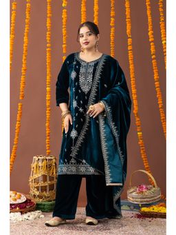 Mamicha - Teal Anum Velvet Embroidered Kurt with Pant and Dupatta