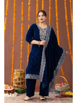 Mamicha - Blue Makhmal Velvet Festive Kurta with Pant and Dupatta