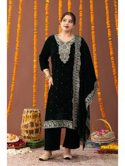 Mamicha - Green Makhmal Velvet Festive Kurta with Pant and Dupatta