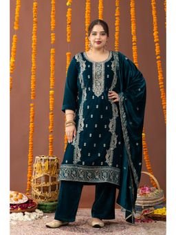Mamicha - Teal Kashmiri Velvet Kurta with Pant and Dupatta