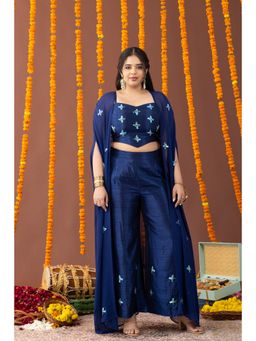 Mamicha - Aasmaan Navy Blue Embroidered Blouse with Palazzo and Cape