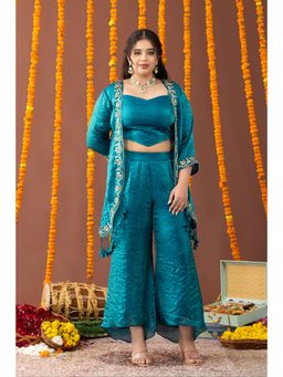 Mamicha - Peacock Teal Blue Embroidered Blouse and Palazzo and Jacket