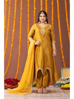 Mamicha - Roshani Yellow Embroidered Kurta with Pant and Dupatta