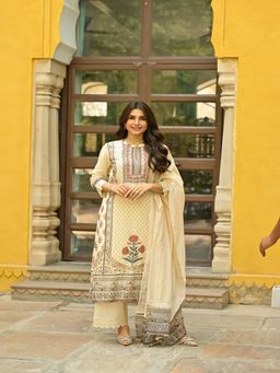 Mahee Jaipur - Beige Mughal Heritage Block Print Kurta With Palazzo And Dupatta