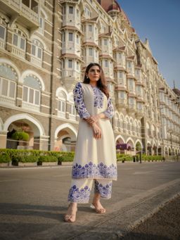 Mahee Jaipur - Off White Beiges Pure Muslin Suroop Blue Buti Co-Ord Set