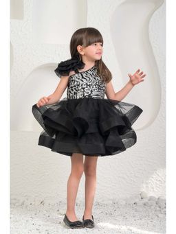 MIAKKI - Girls Black Net One Shoulder Dress