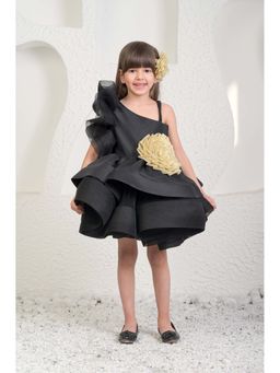 MIAKKI - Girls Black Satin One Shoulder Dress