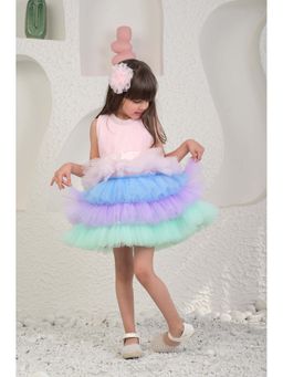 MIAKKI - Girls Multi-Color Net Round Neck Dress