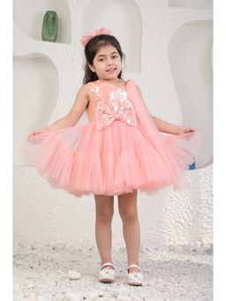 MIAKKI - Girls Peach Net Round Neck Dress with Scarf (Set of 2)