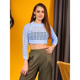 KOTTY - Womens Blue Crop Round Neck Styles Relaxed Fit Sweater