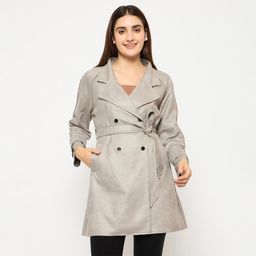 Madame - Belted Raw Edge Detailed Solid Grey Full Sleeve Coat