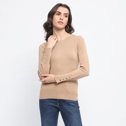 Madame - Womens Buttoned Cuffs Solid Brown Sweater