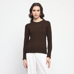 Madame - Womens Buttoned Cuffs Solid Coffee Brown Sweater