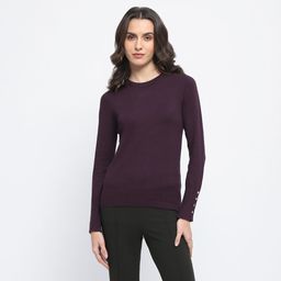 Madame - Womens Buttoned Cuffs Solid Purple Sweater