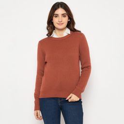 Madame - Womens Ribbed Cuffs Round Neck Brown Sweater