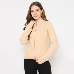 Madame - Womens Cable Knit Zipped Beige Jacket