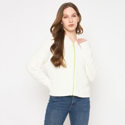 Madame - Womens Typography Adorned Contrast Zip Off White Jacket