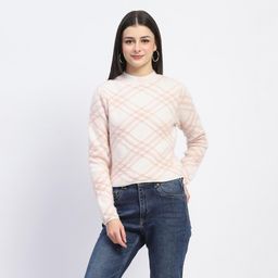Madame - Womens Diagonal Check Plaid Peach Sweater