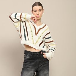 Madame - Womens Asymmetric Stripes V Neck Beige Sweater