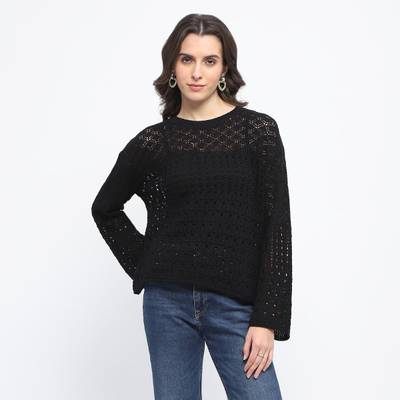 Womens Textured Crew Neck Black Full Sleeve Sweater
